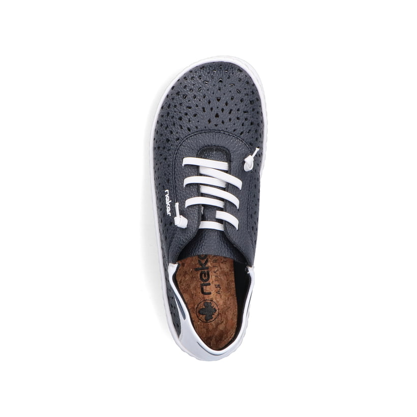 Blaue Rieker Damen Slipper 52805-14, Barfußschuhe mit einem Gummizug. Schuh von oben.