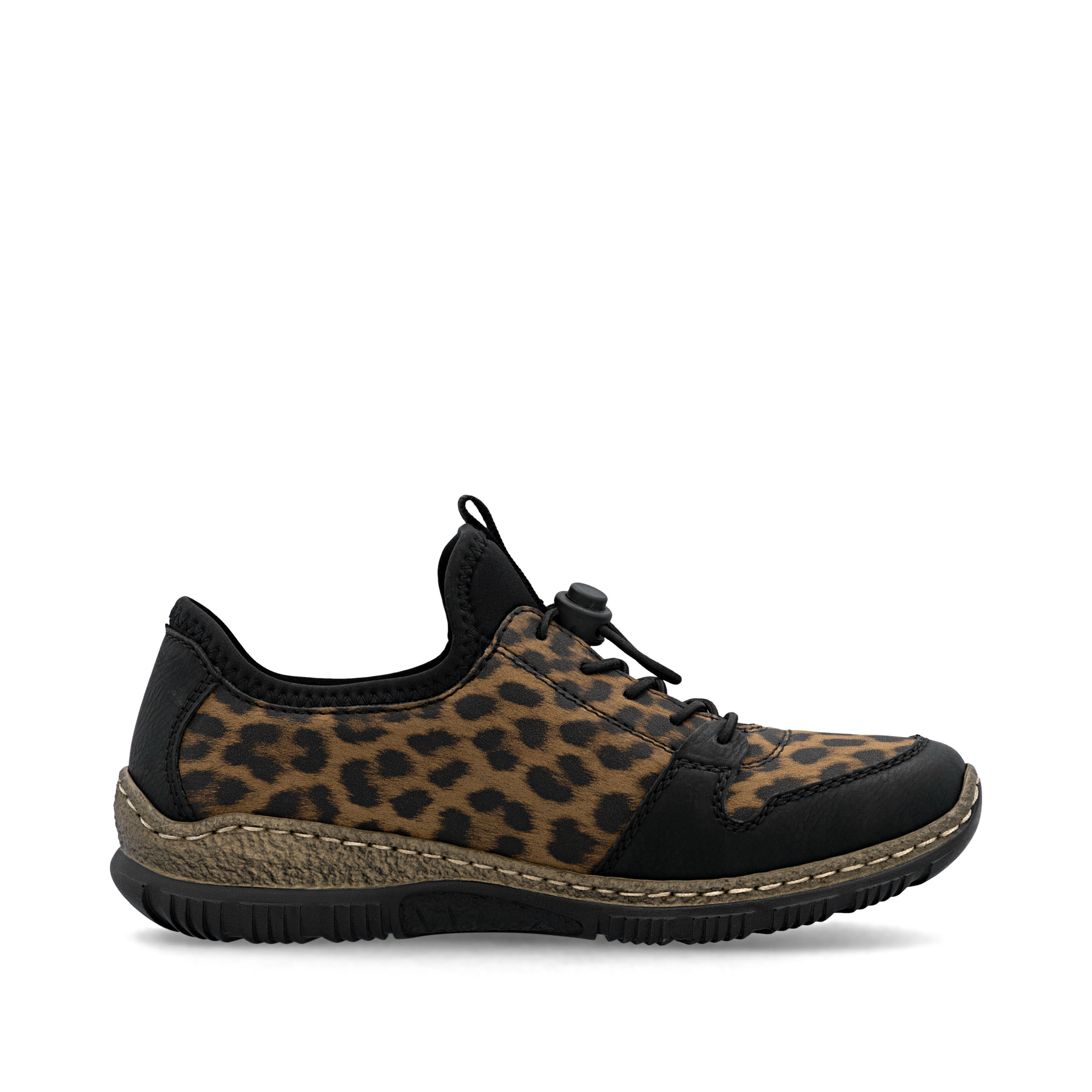 Braunschwarze Rieker Damen Slipper N32G0-90 mit Leo-Print sowie einem Gummizug. Schuh Innenseite.
