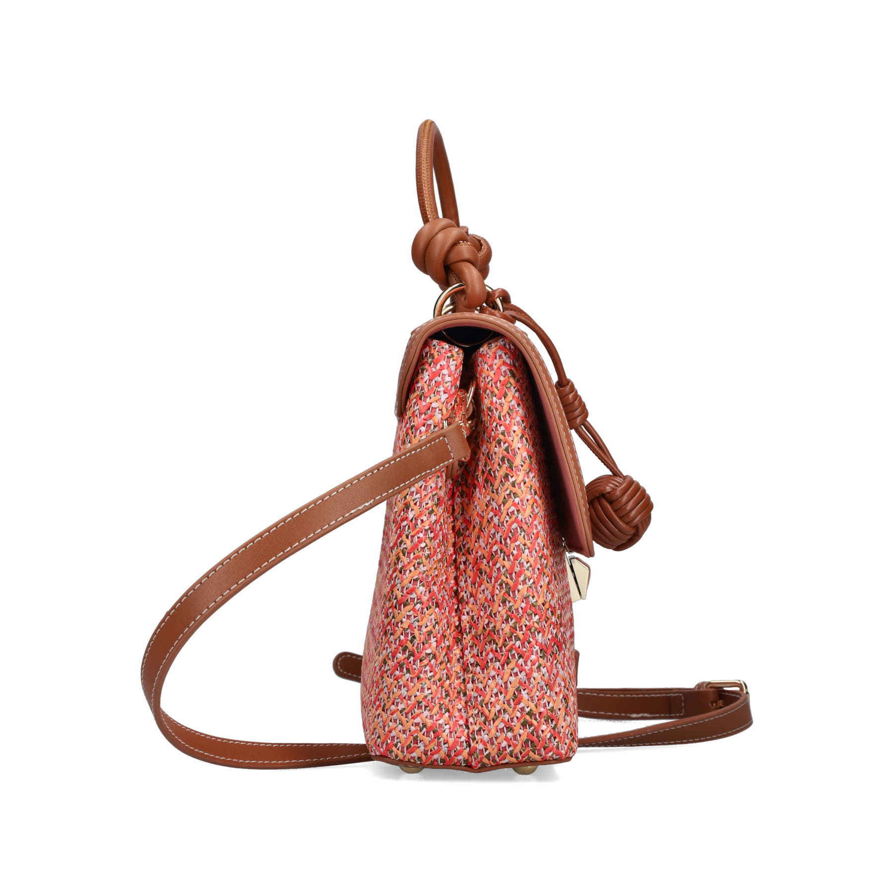 Sac à main Rieker H1606-94 rouge avec fermeture éclair et pendentif tressé. Ouvert.