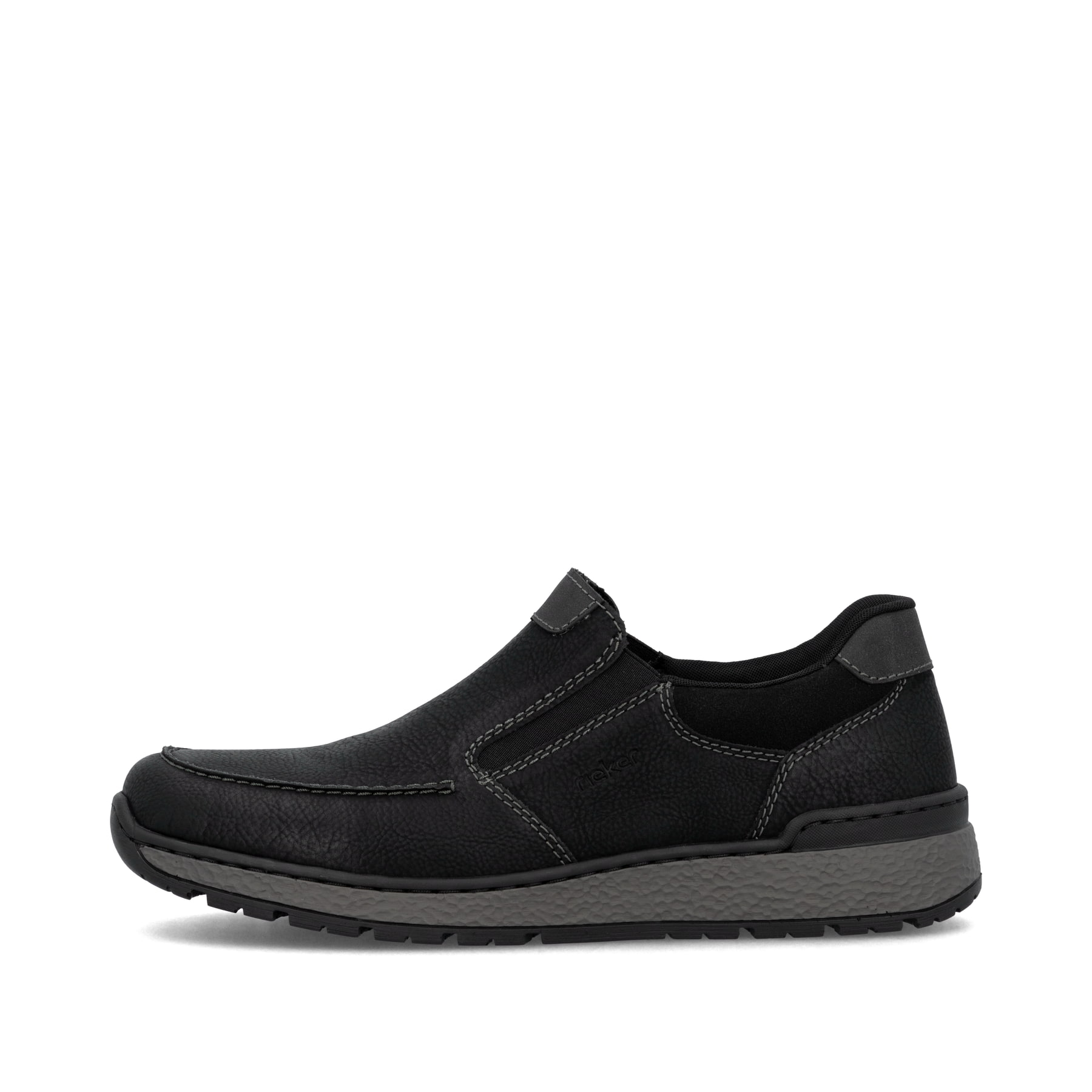 Tiefschwarze Rieker Herren Slipper B9062-00 mit einer schockabsorbierenden Sohle. Schuh Außenseite