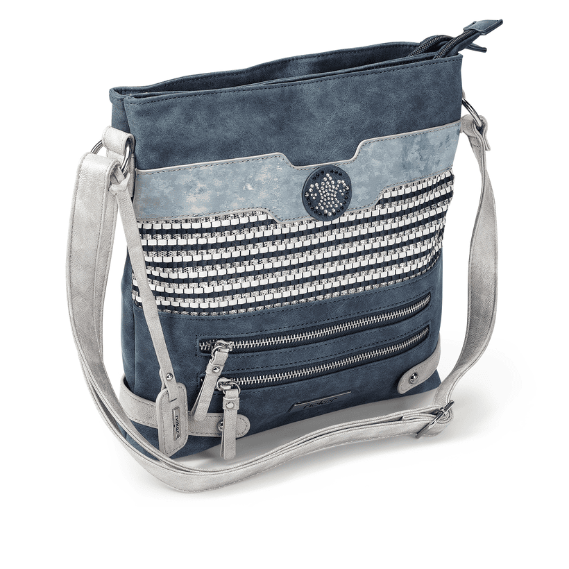 Sac à bandoulière Rieker H1346-16 bleu-combi avec un élément de design grossièrement tressé et trois compartiments intérieurs. Verso.