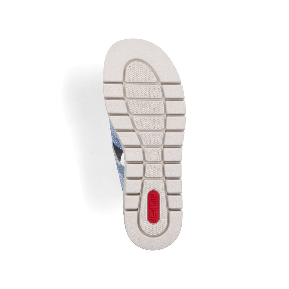 Blaue Rieker Damen Pantoletten V4989-10 mit angesagtem Animal-Print. Schuh Laufsohle.