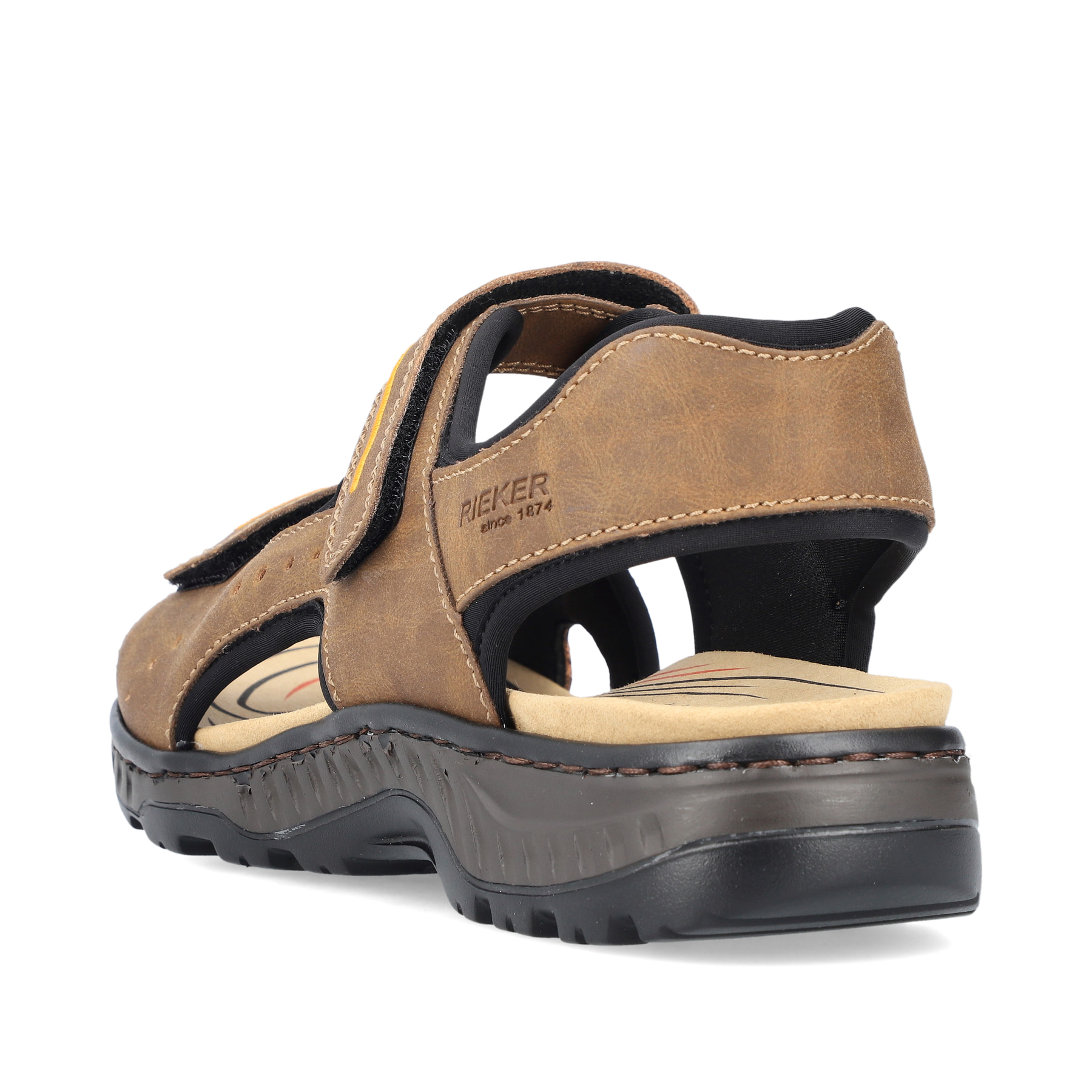 Kaffeebraune Rieker Herren Trekkingsandalen 21760-24 mit einem Klettverschluss. Schuh von hinten.
