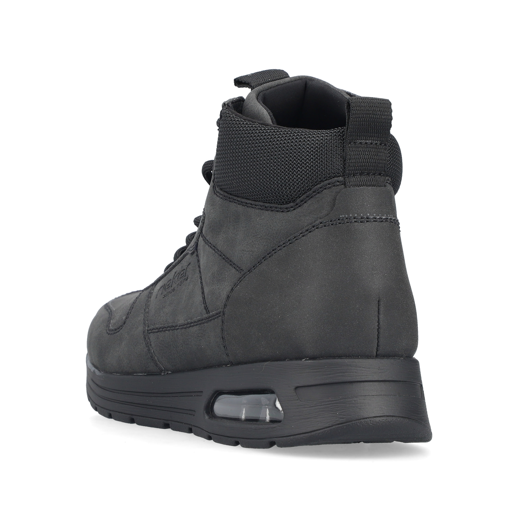 Schwarze Rieker Herren Schnürstiefel B1024-00 mit Rieker Air Sohlenfenster. Schuh von hinten.