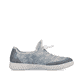 Blaue Rieker Damen Slipper N0963-12 mit Gummischnürung sowie verwaschenem Look. Schuh Innenseite.