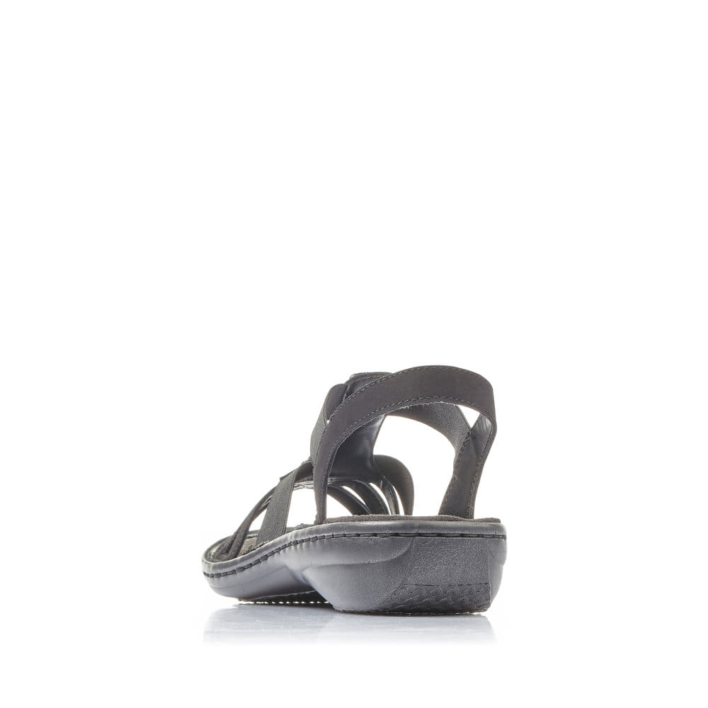 Sandales à lanières Rieker noires femme 60806-00 avec éléments décoratifs. Chaussure vue de l'arrière.