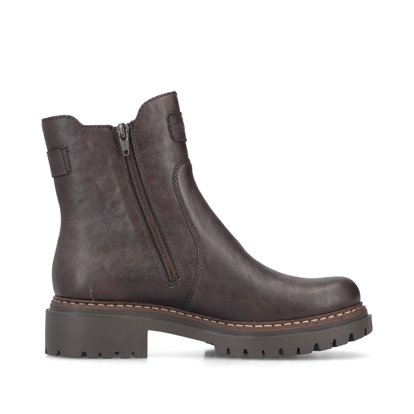 Dunkelbraune Rieker Damen Chelsea Boots 72660-25 mit einem Reißverschluss. Schuh Innenseite.