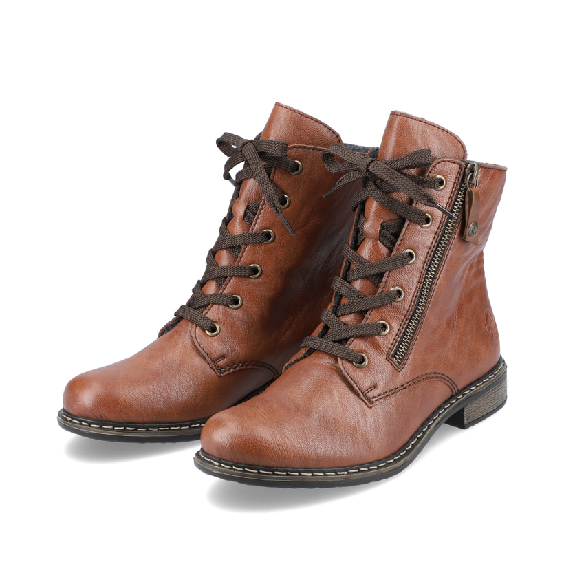 Kastanienbraune Rieker Damen Schnürstiefel 71204-22 mit einem Reißverschluss. Schuhpaar seitlich schräg.
