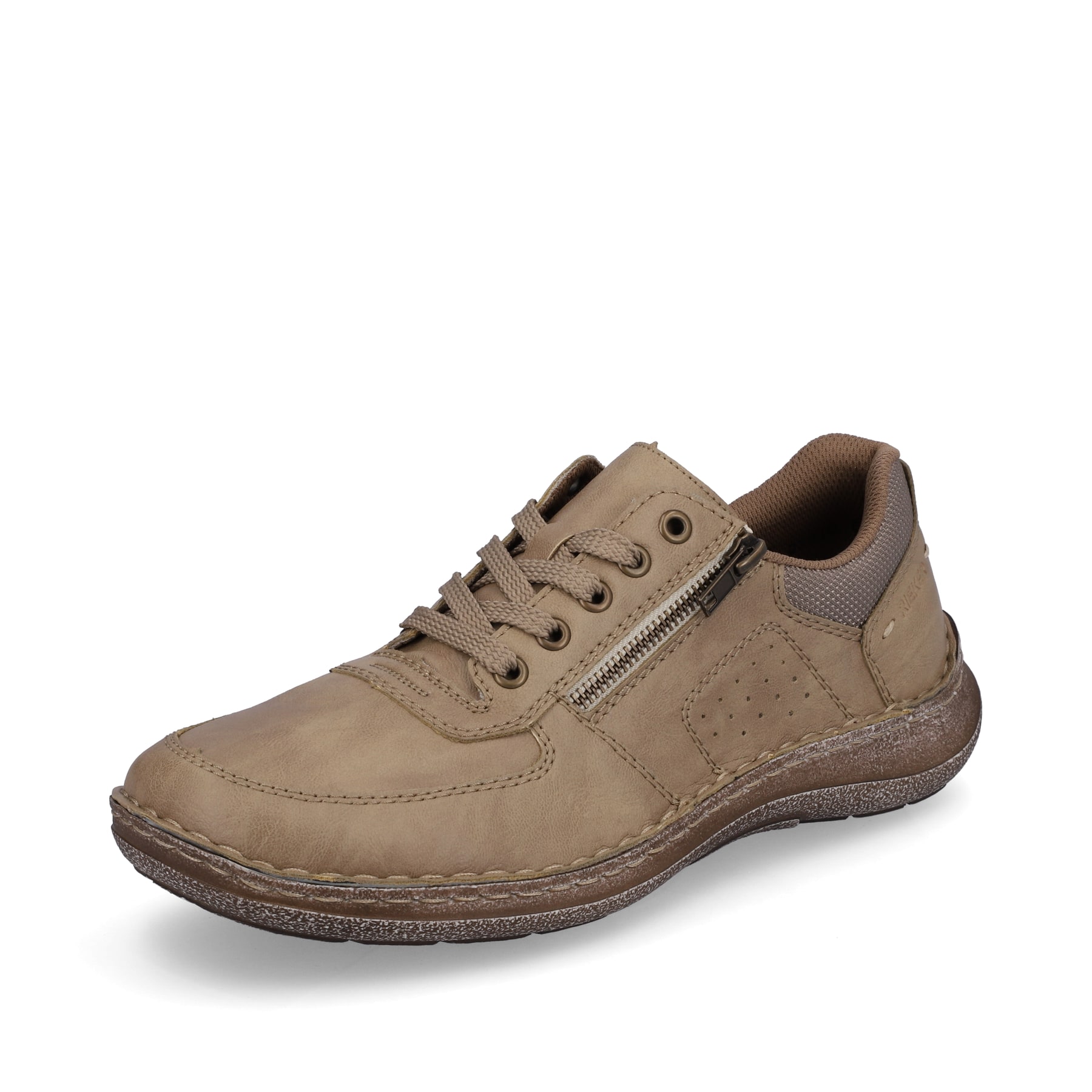 Beige Rieker Herren Schnürschuhe 03010-64 mit Reißverschluss sowie Extraweite H. Schuh seitlich schräg.
