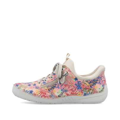 Mehrfarbige Rieker Damen Slipper 52567-90 mit easy Hineinschlüpf-Möglichkeit. Schuh Außenseite.