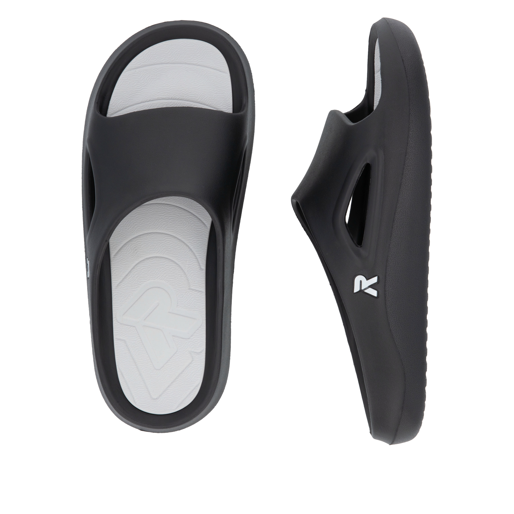 Schwarze Rieker Herren Pantoletten U3450-00 mit einer ultraleichten Sohle. Schuh von oben, liegend.