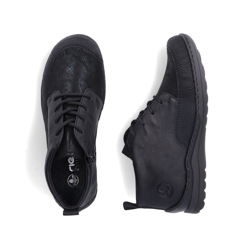 Schwarze Rieker Damen Schnürschuhe 48922-00 mit leichter und dämpfender Sohle. Schuh von oben, liegend.