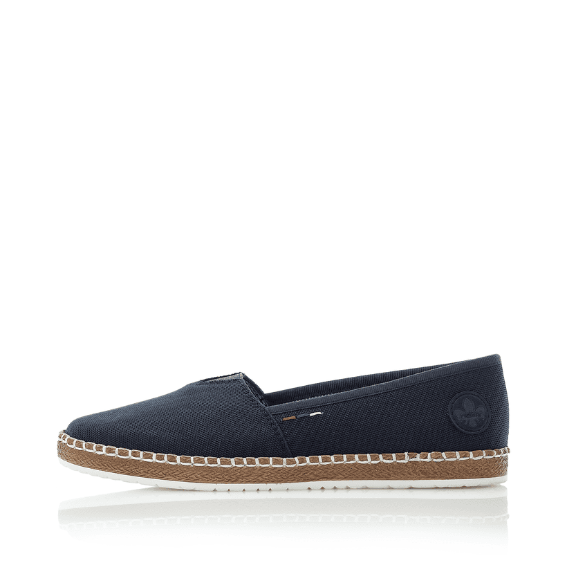 Blaue vegane Rieker Damen Slipper M2278-14 mit handgestickten Nähten. Schuh Außenseite.