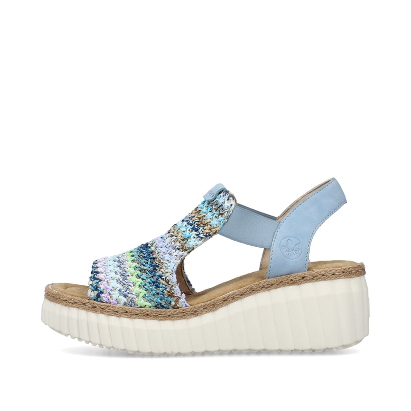 Mehrfarbige Rieker Keilsandaletten 69172-91 mit einem Gummizug. Schuh Außenseite.