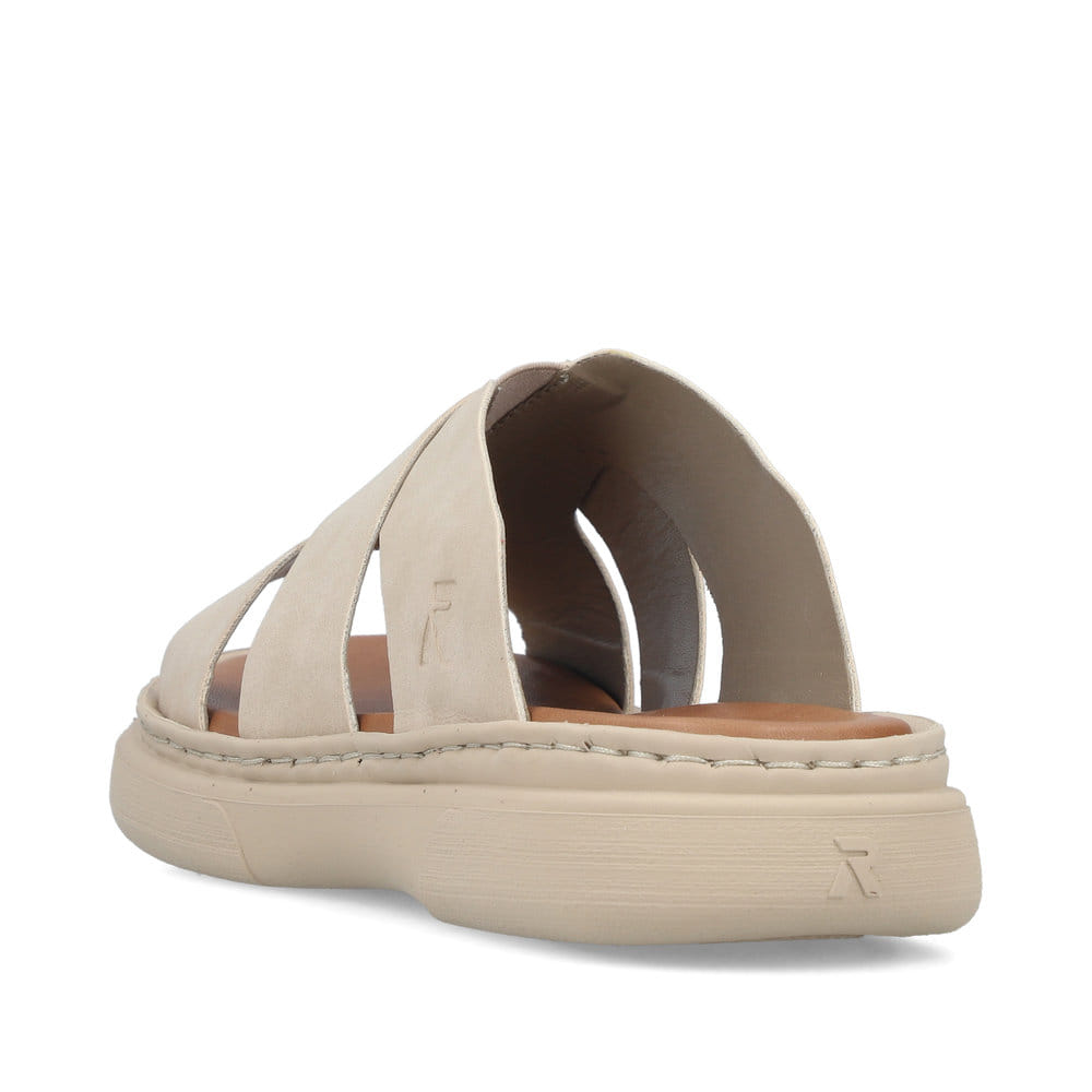 Beige Rieker Damen Pantoletten V3089-62 mit Gummizug sowie ultraleichter Sohle. Schuh von hinten.