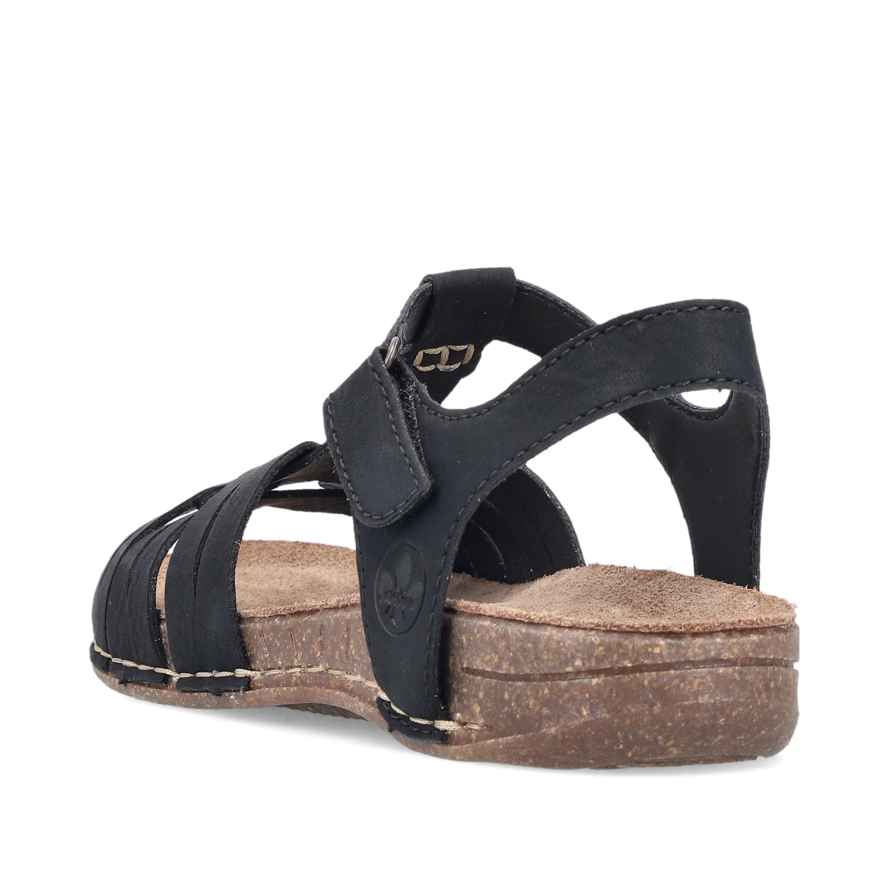 Schwarze Rieker Damen Riemchensandalen 61461-00 mit einem Klettverschluss. Schuh von hinten.