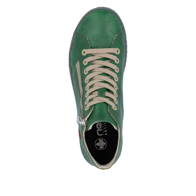Hellgrüne Rieker Damen Schnürstiefel Z1221-53 mit schwarzen Nähten. Schuh Laufsohle.