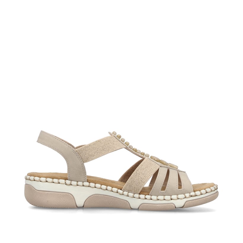 Beige Rieker Damen Riemchensandalen 66201-62 mit Schmuckelementen sowie Gummizug. Schuh Innenseite.