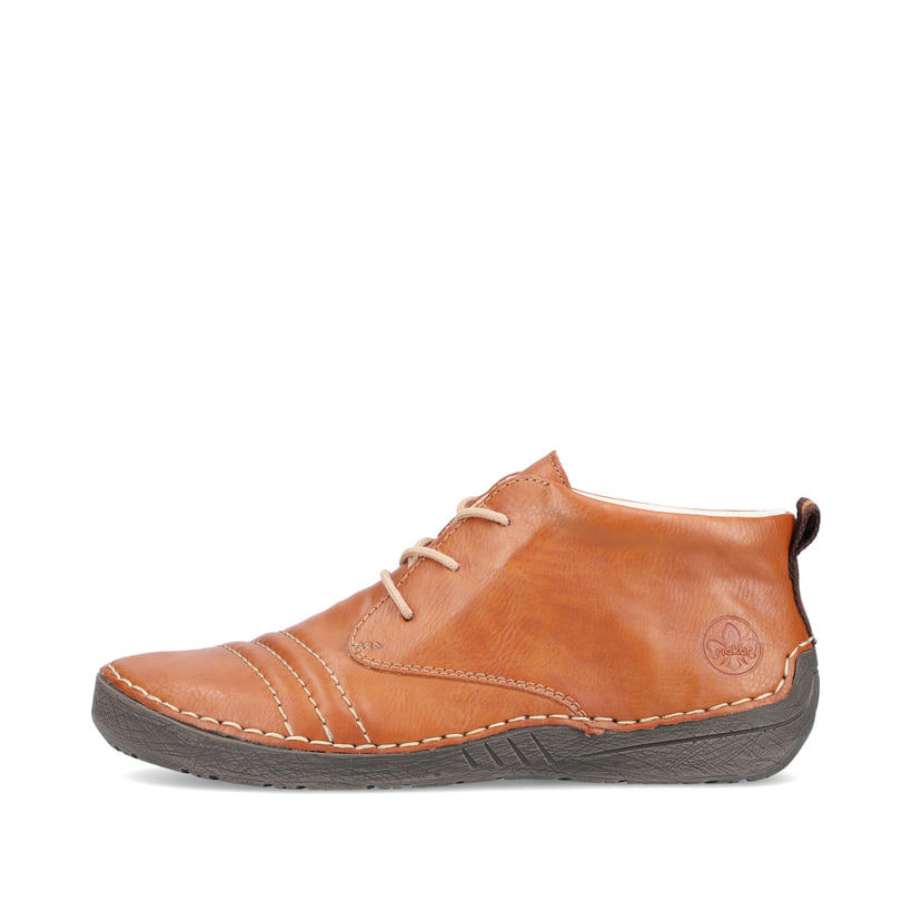 Karamellbraune Rieker Damen Schnürschuhe 52532-24 mit einer schockabsorbierenden Sohle. Schuh Außenseite