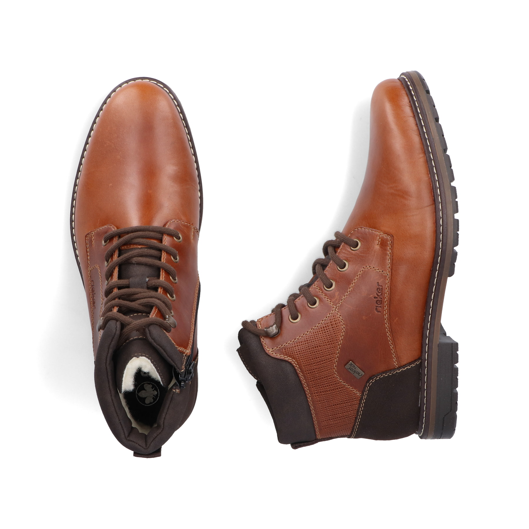 Braune Rieker Herren Schnürstiefel 13740-24 aus Glattleder. Schuh von oben, liegend.