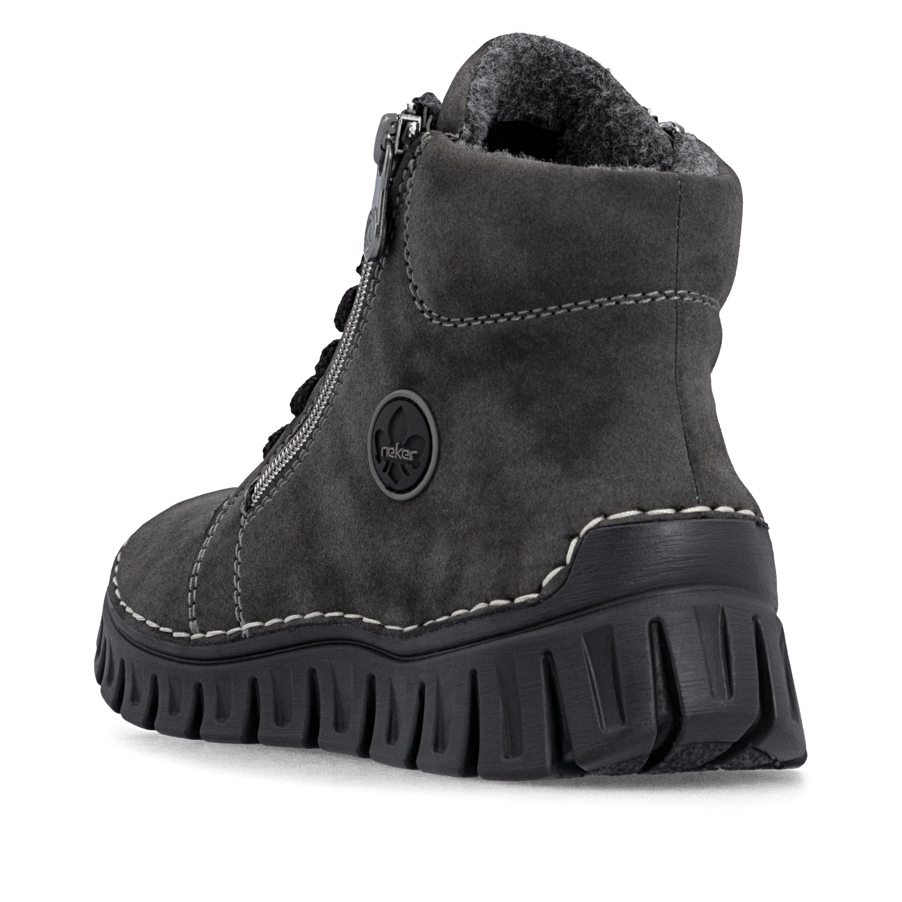 Dunkelgraue Rieker Damen Schnürstiefel 57502-45 mit einem Reißverschluss. Schuh von hinten.