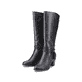 Tiefschwarze Rieker Damen Hochschaftstiefel 96059-00 mit modischer Kordel. Schuhpaar seitlich schräg.