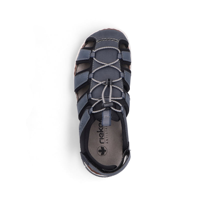 Stahlblaue Rieker Herren Trekkingsandalen 25246-14 mit einem Klettverschluss. Schuh von oben.