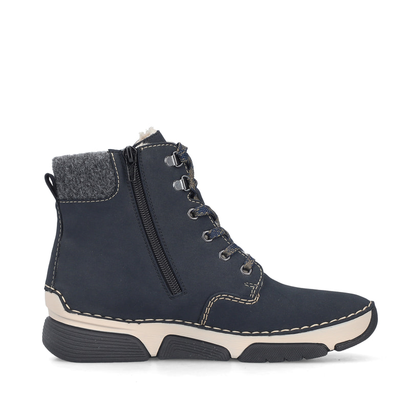 Dunkelblaue Rieker Damen Schnürstiefel 45925-14 mit einem Reißverschluss. Schuh Innenseite.