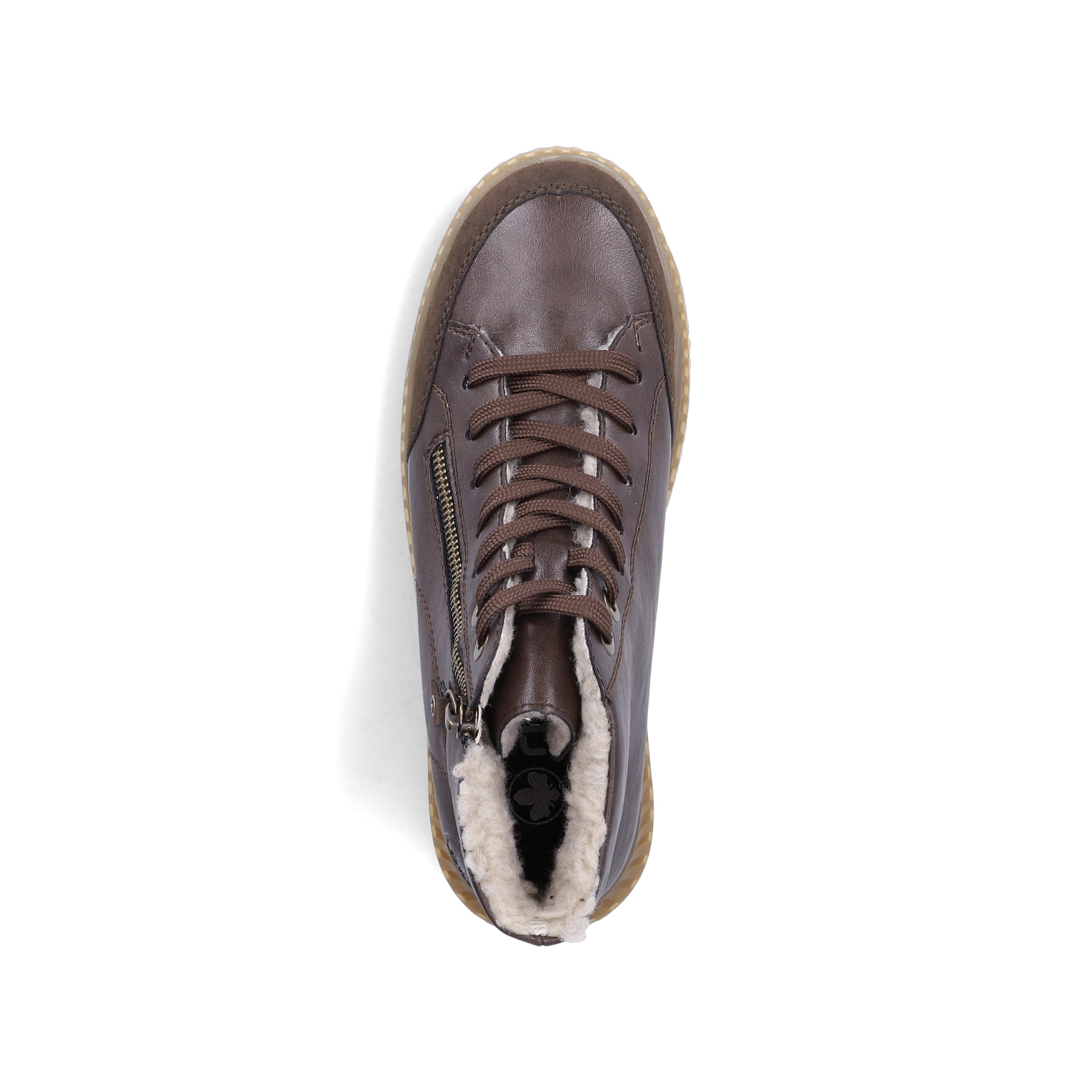 Dunkelbraune Rieker Damen Schnürstiefel 74234-25 mit modernen Ziernähten. Schuh von oben.