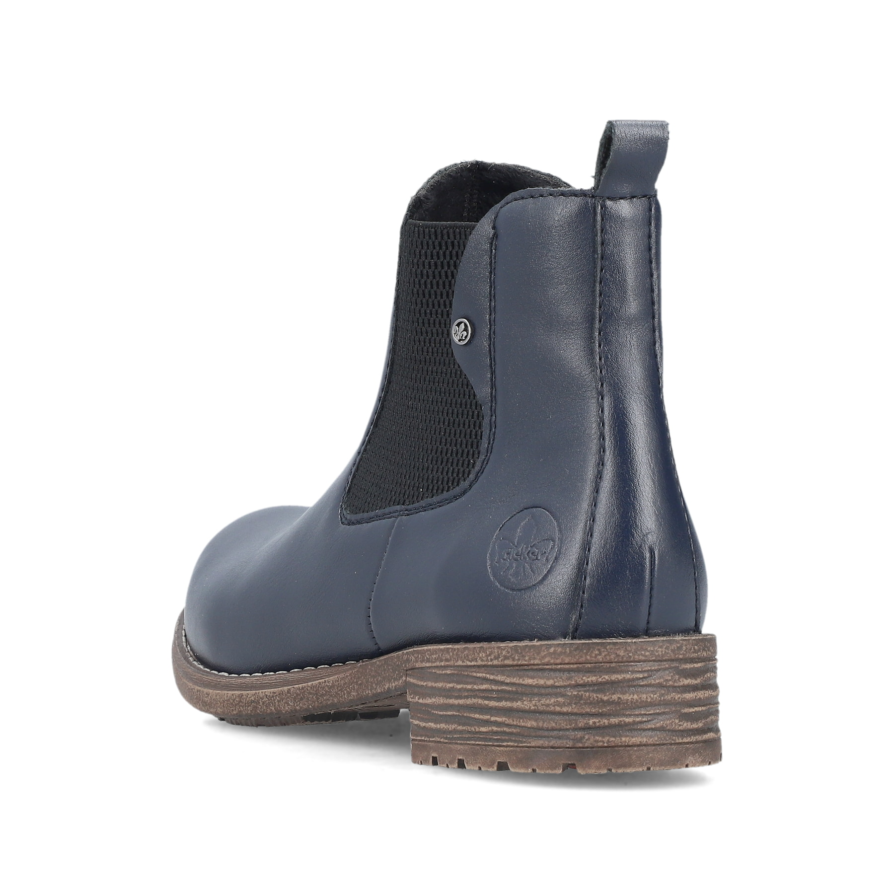 Dunkelblaue Rieker Damen Chelsea Boots 79450-14 mit einem Gummizug. Schuh von hinten.