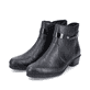 Schwarze Rieker Damen Stiefeletten Y0783-00 mit Deko-Kette sowie Reißverschluss. Schuhpaar seitlich schräg.
