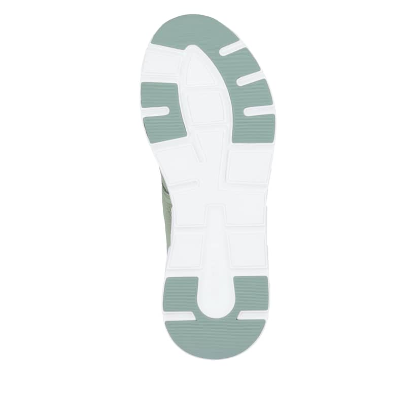 Grüne Rieker Damen Sneaker Low M9000-52 mit Gummischnürung sowie flexibler Sohle. Schuh Laufsohle.