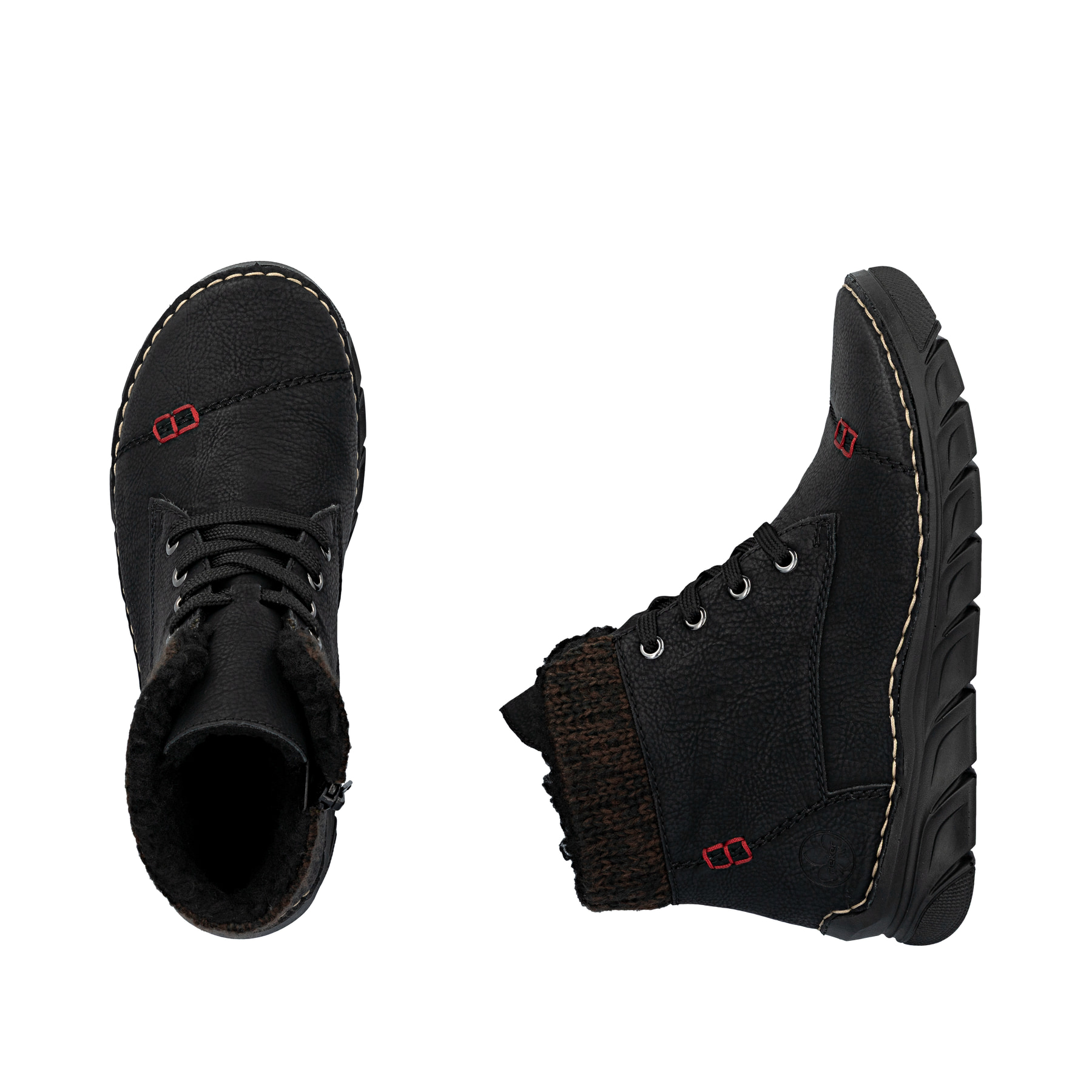 Schwarze Rieker Damen Schnürstiefel 55031-00 mit einem Reißverschluss. Schuh von oben, liegend.