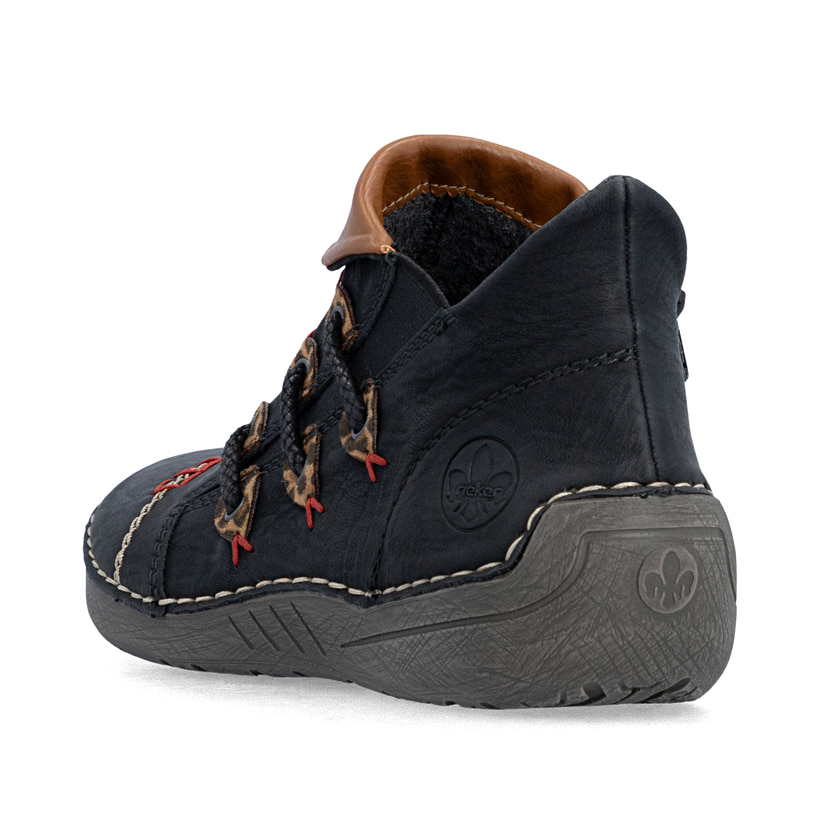 Schwarze Rieker Damen Kurzstiefel 72581-00 mit einem Reißverschluss. Schuh von hinten.
