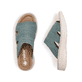 Grüne Rieker Damen Pantoletten V8580-52 mit Gummizug sowie einer leichten Sohle. Schuh von oben, liegend.