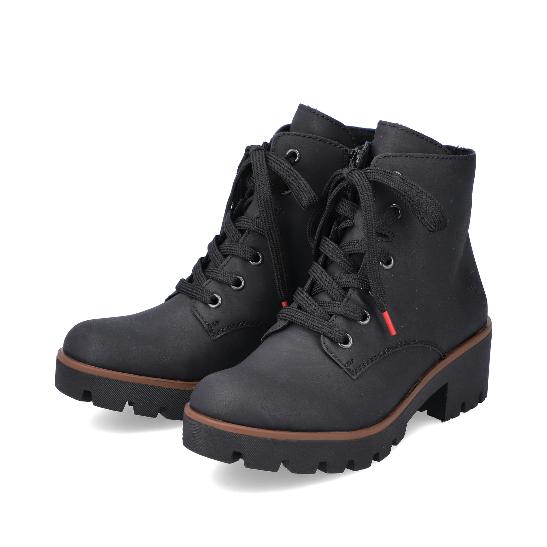Graphitschwarze Rieker Damen Schnürstiefel 79240-00 mit Schnürung und Reißverschluss. Schuhpaar schräg.