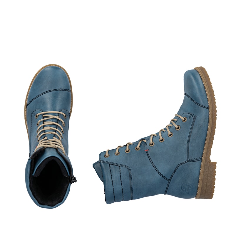 Hellblaue Rieker Damen Schnürstiefel 73570-14 mit gepolstertem Schaftrand. Schuh von oben, liegend.