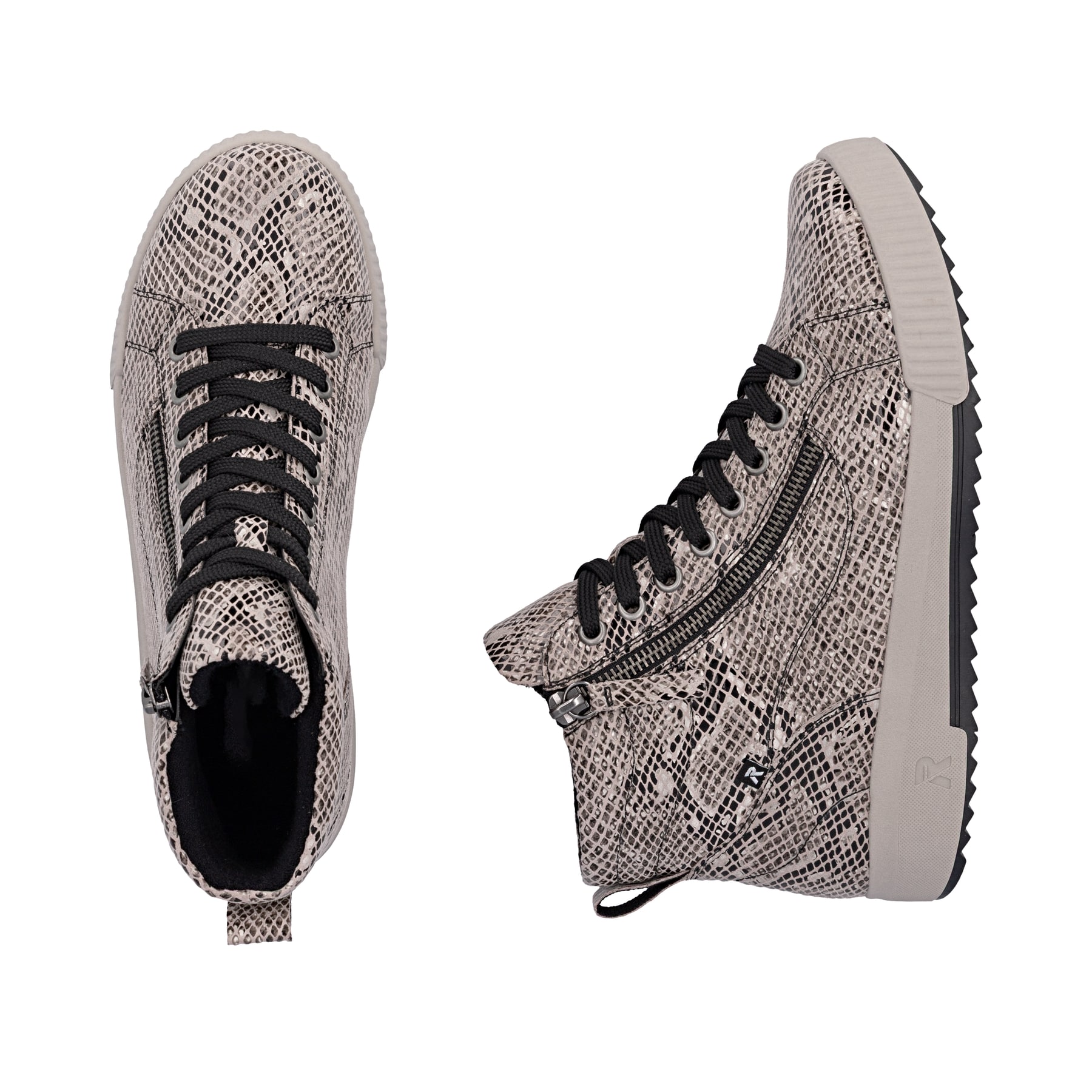 Beige-schwarze Rieker Damen Sneaker High W0164-64 mit modernen Ziernähten. Schuh von oben, liegend.