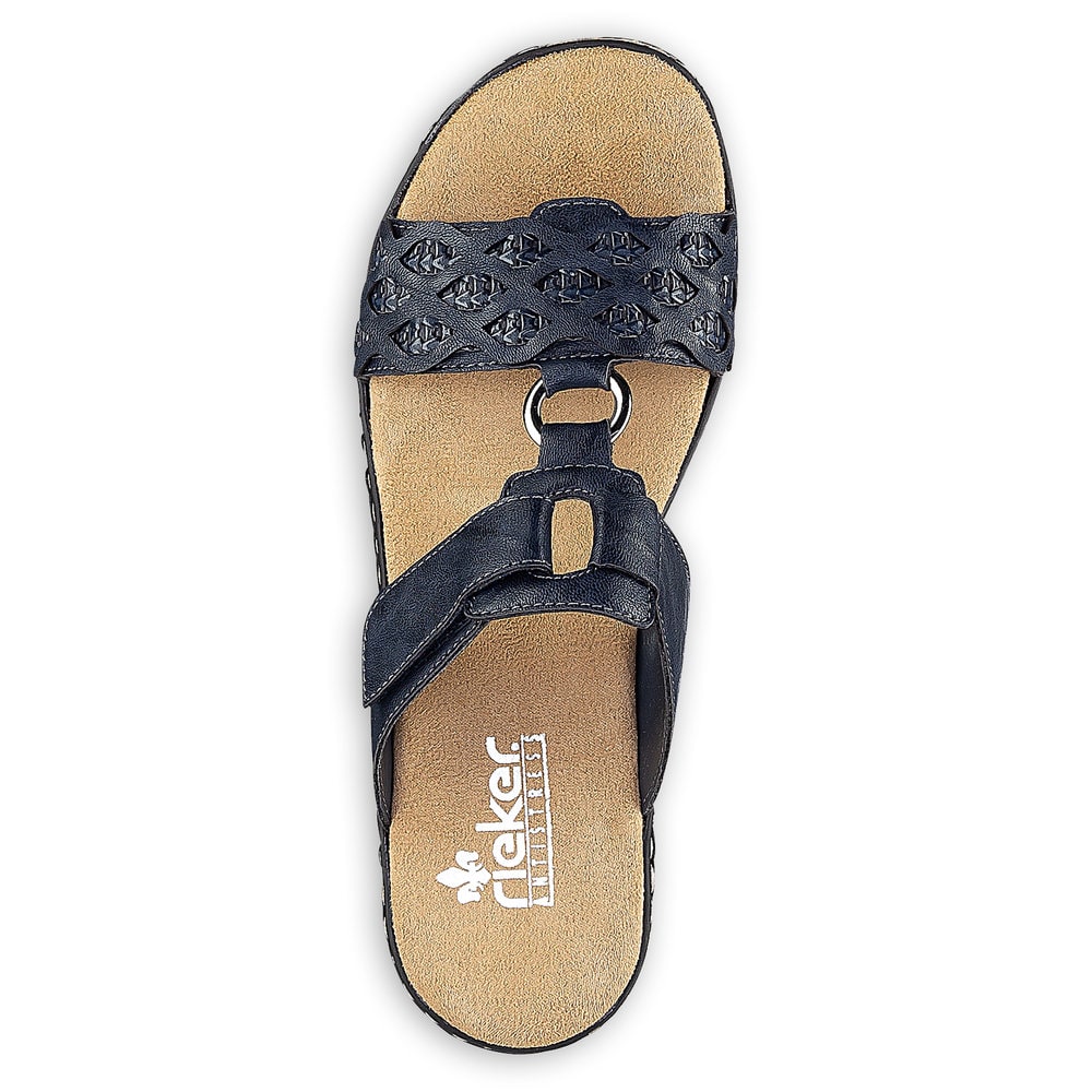 Blaue Rieker Damen Pantoletten 629K9-14 mit einem Klettverschluss. Schuh von oben.