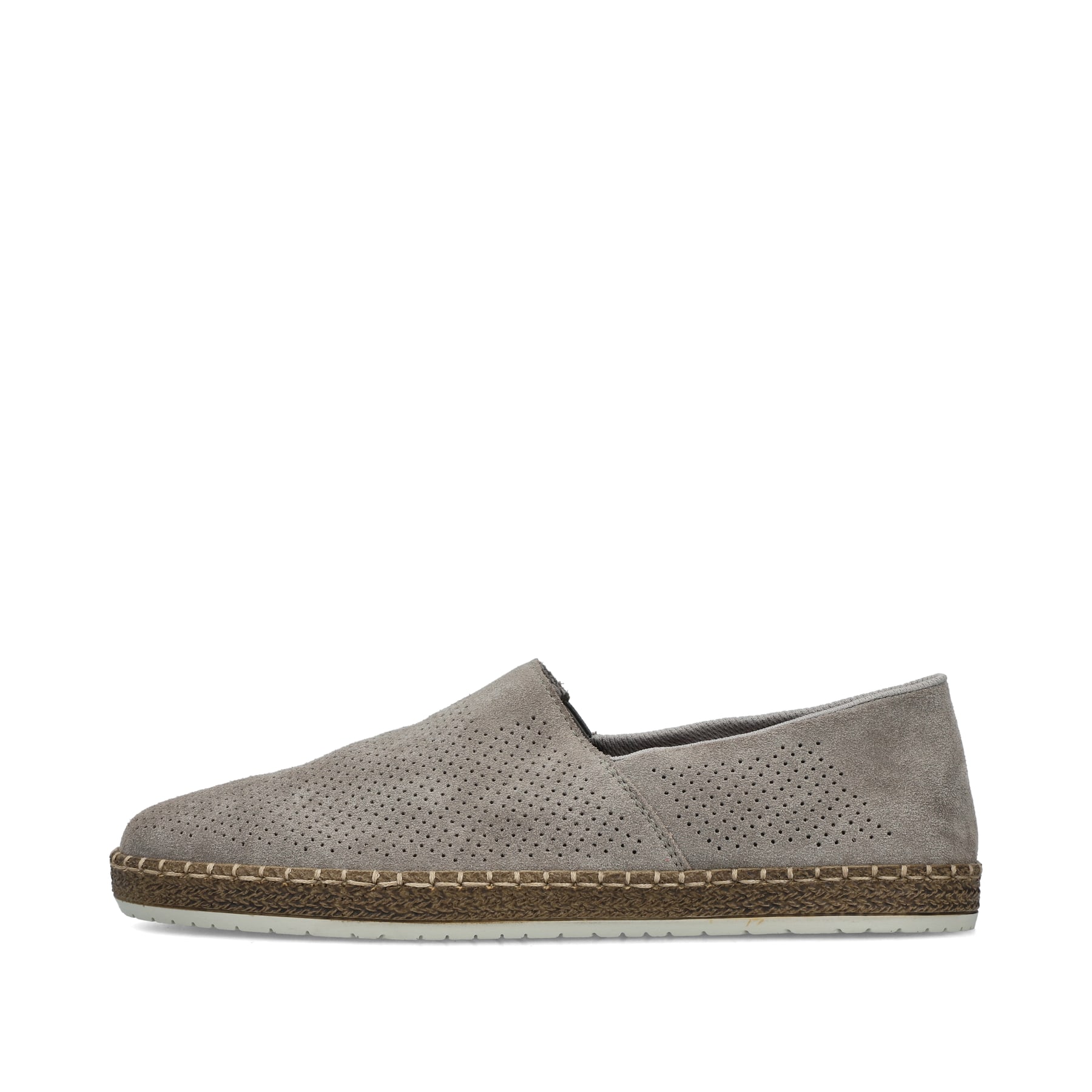 Graue Rieker Herren Slipper B5285-42 mit einem Gummizug sowie Komfortweite G 1/2. Schuh Außenseite.
