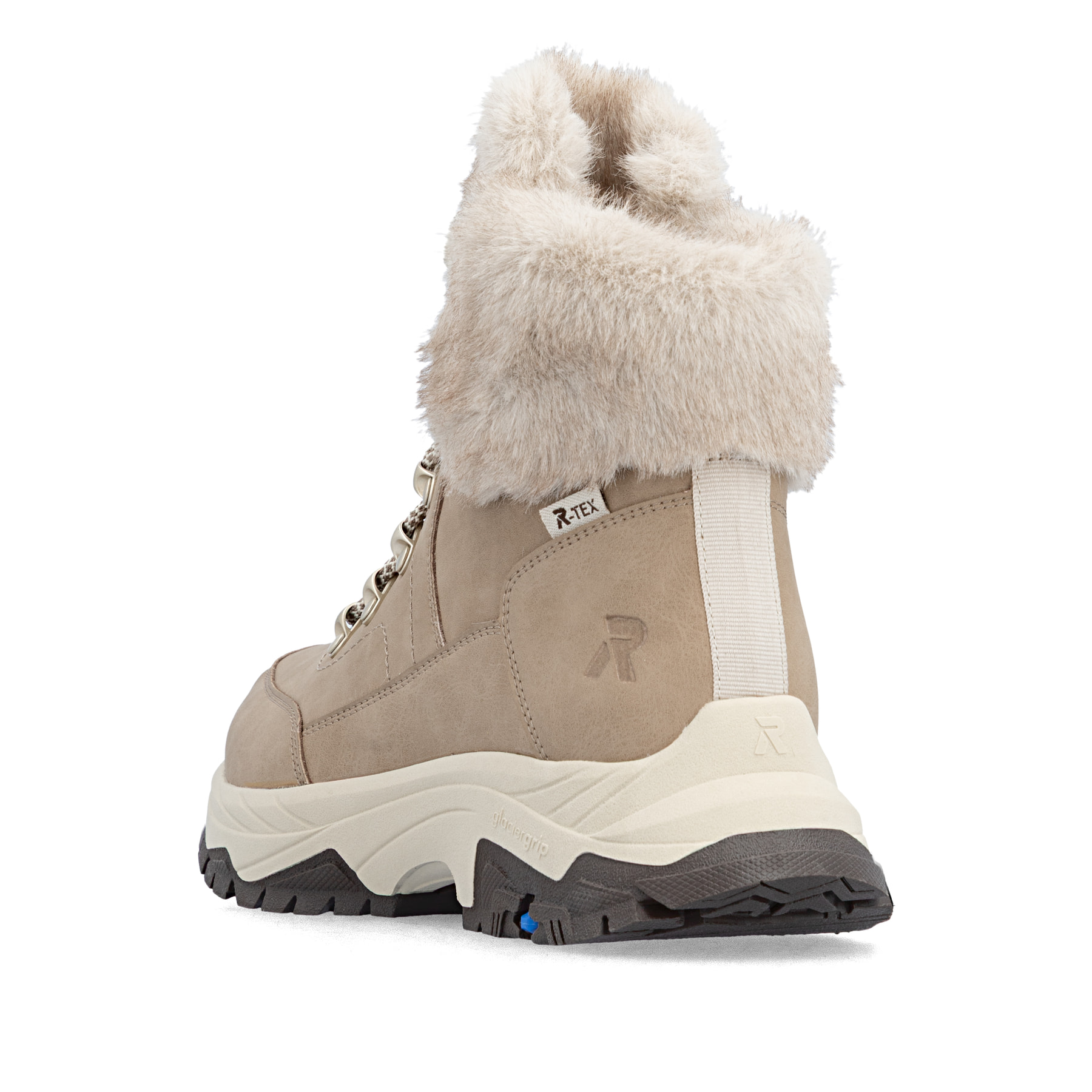 Beige Rieker Damen Schnürstiefel Z3971-20 aus Rauleder mit dem Glacier Grip. Schuh von hinten.