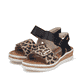 Schwarze Rieker Damen Riemchensandalen V4181-00 mit angesagtem Animal-Print. Schuhpaar seitlich schräg.
