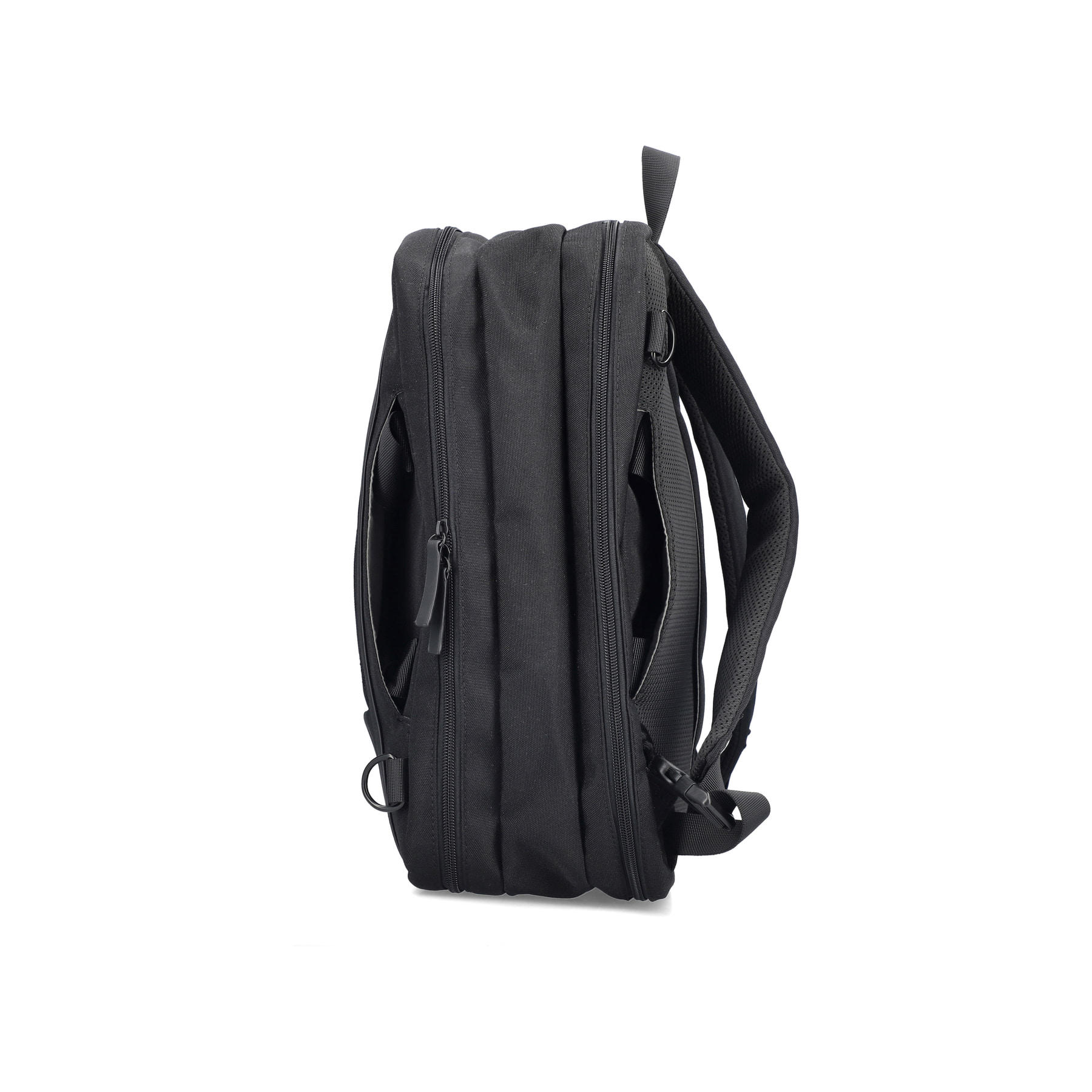 Sac pour ordinateur portable Rieker H5200-02 noir avec fermeture éclair, compartiment rembourré pour ordinateur portable et bretelles amovibles. Côté gauche.