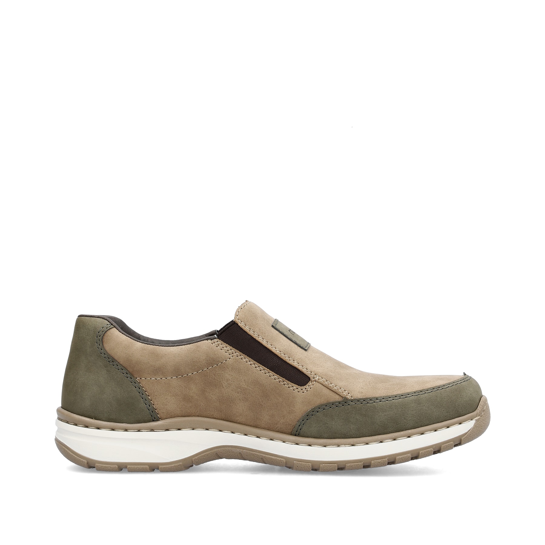 Beige Rieker Herren Slipper 03354-64 mit Elastikeinsatz sowie Extraweite H. Schuh Innenseite.