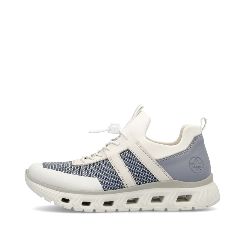 Weiße Rieker Damen Slipper M6061-90 mit ultra leichter und flexibler Sohle. Schuh Außenseite.