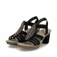 Schwarze Rieker Riemchensandaletten 66526-00 mit Elastikeinsatz sowie Blattoptik. Schuhpaar seitlich schräg.