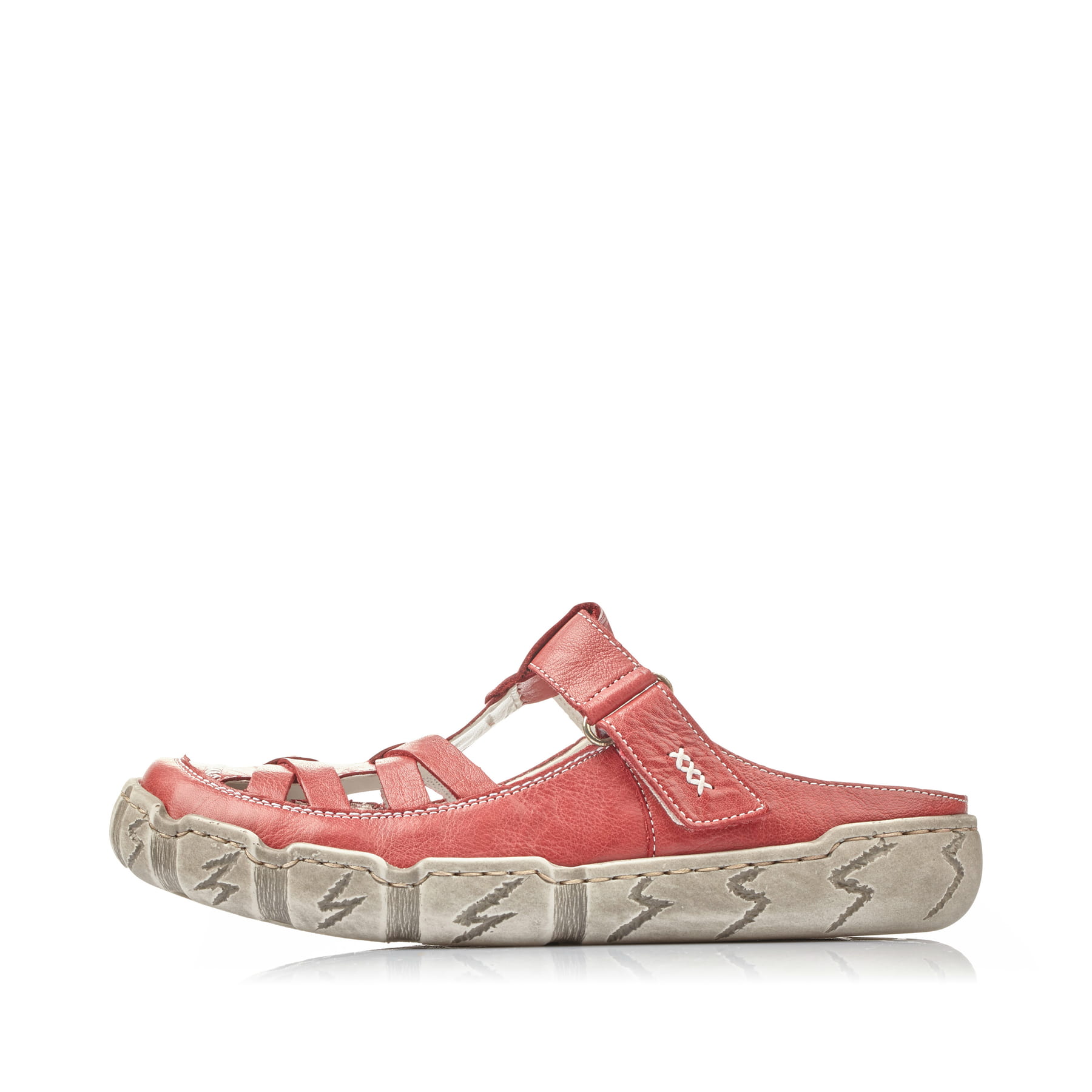 Rote Rieker Damen Clogs L0396-33 mit handgestickten Nähten sowie Klettverschluss. Schuh Außenseite.