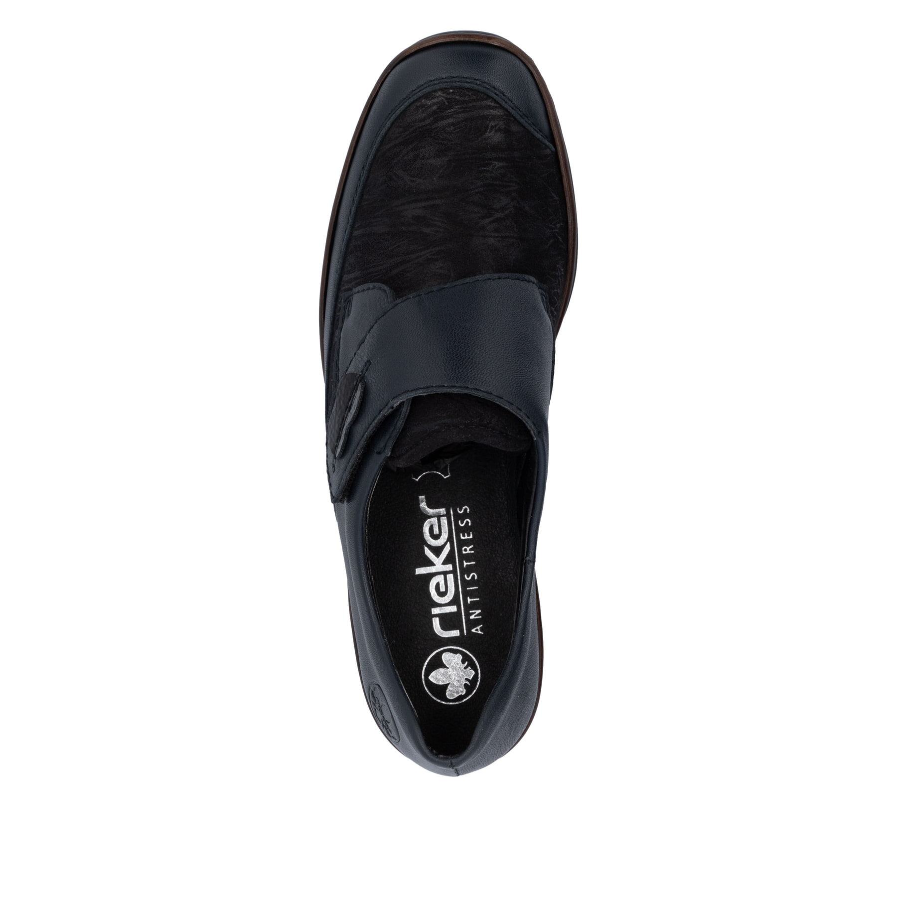 Mocassins Rieker bleus femme 487C0-15 en cuir lisse avec fermeture velcro. Semelle extérieure de la chaussure.