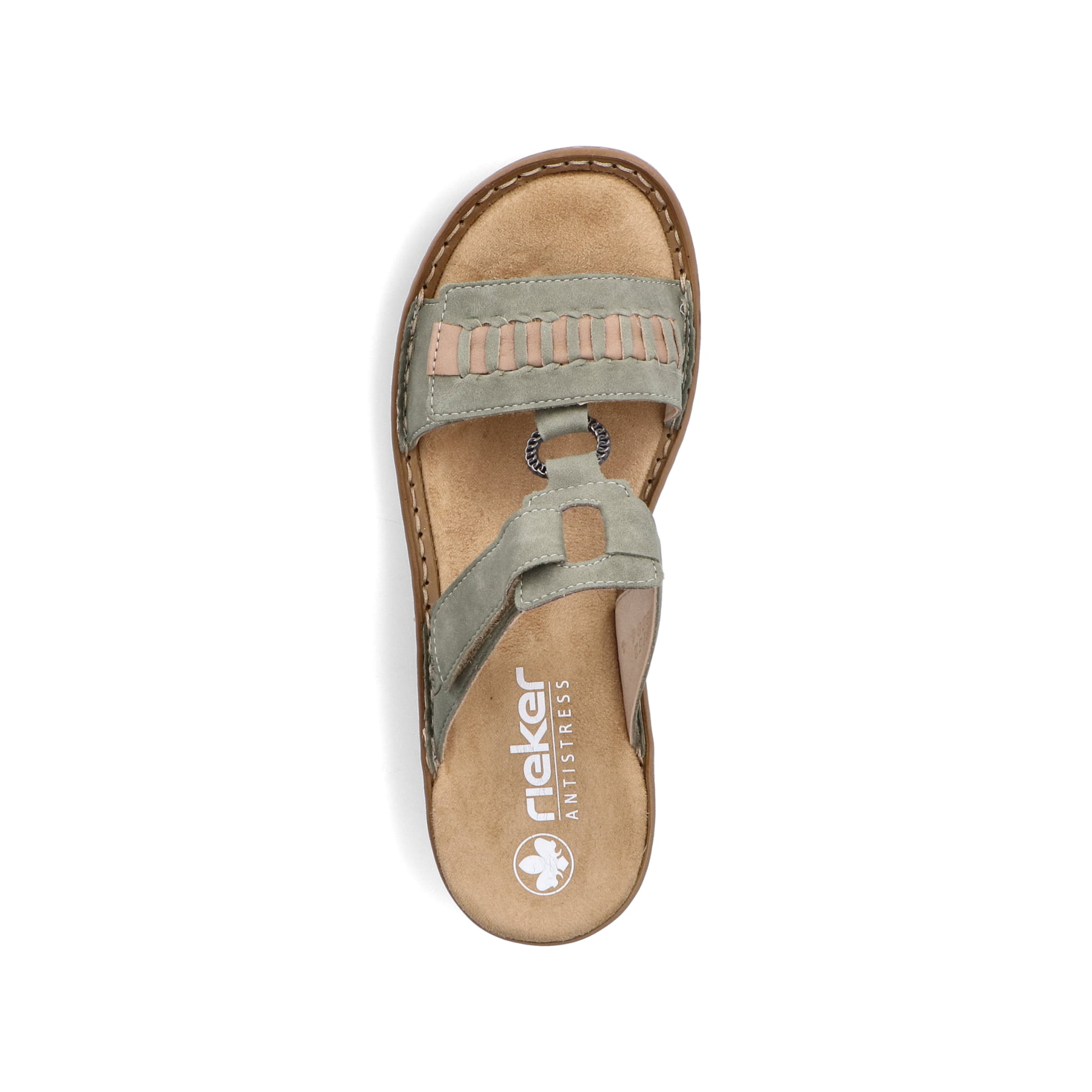 Grüne Rieker Damen Pantoletten 60881-52 mit einem Klettverschluss. Schuh von oben.