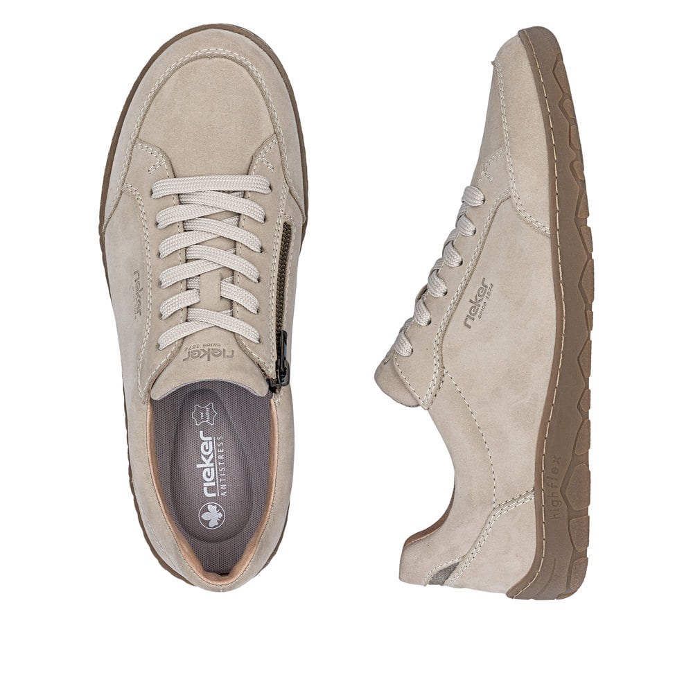 Beige Rieker Herren Schnürschuhe 08300-62 aus Rauleder, Barfußschuhe. Schuh von oben, liegend.